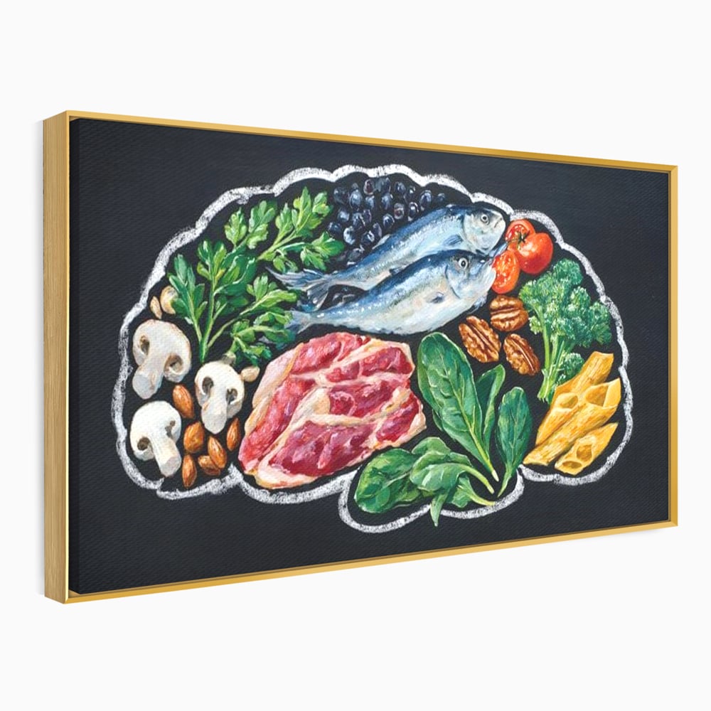 Tablou canvas cu pictura cu alimente variate pe fundal negru, in rama de aluminiu auriu